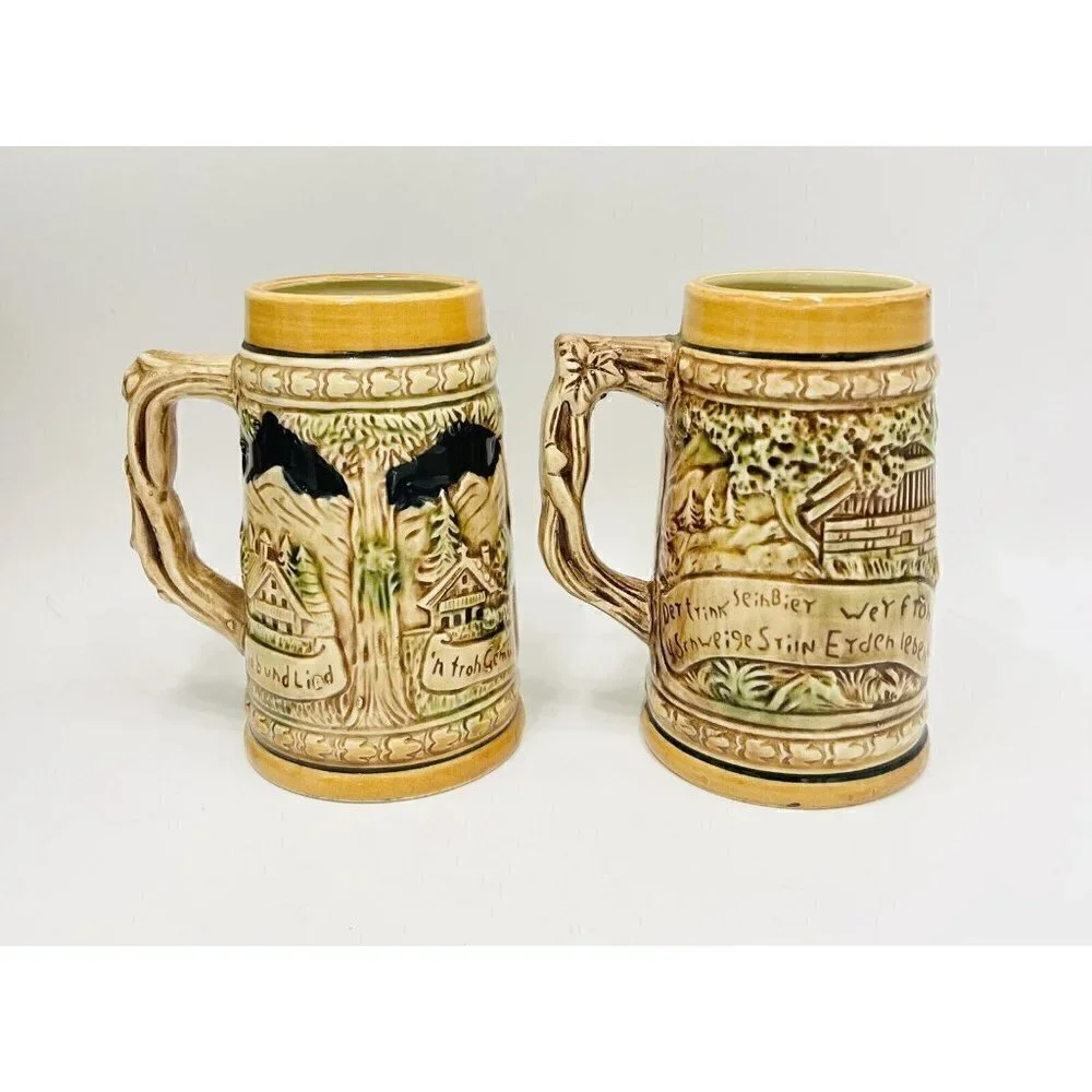 Bavarian Style Beer Steins 6” Ceramic Lieb Und Lied Japan Vintage Barware Beer